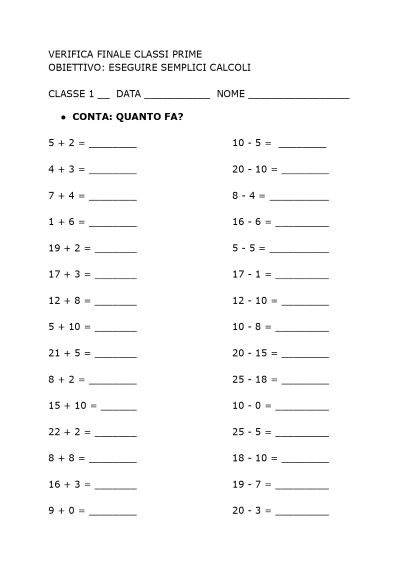 verifica di calcolo classe prima