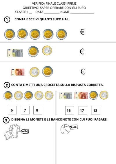 verifica sugli euro matematica classe prima
