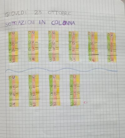 sottrazioni in colonna matematica classe seconda ottobre