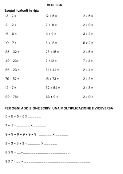 calcoli in riga classe seconda